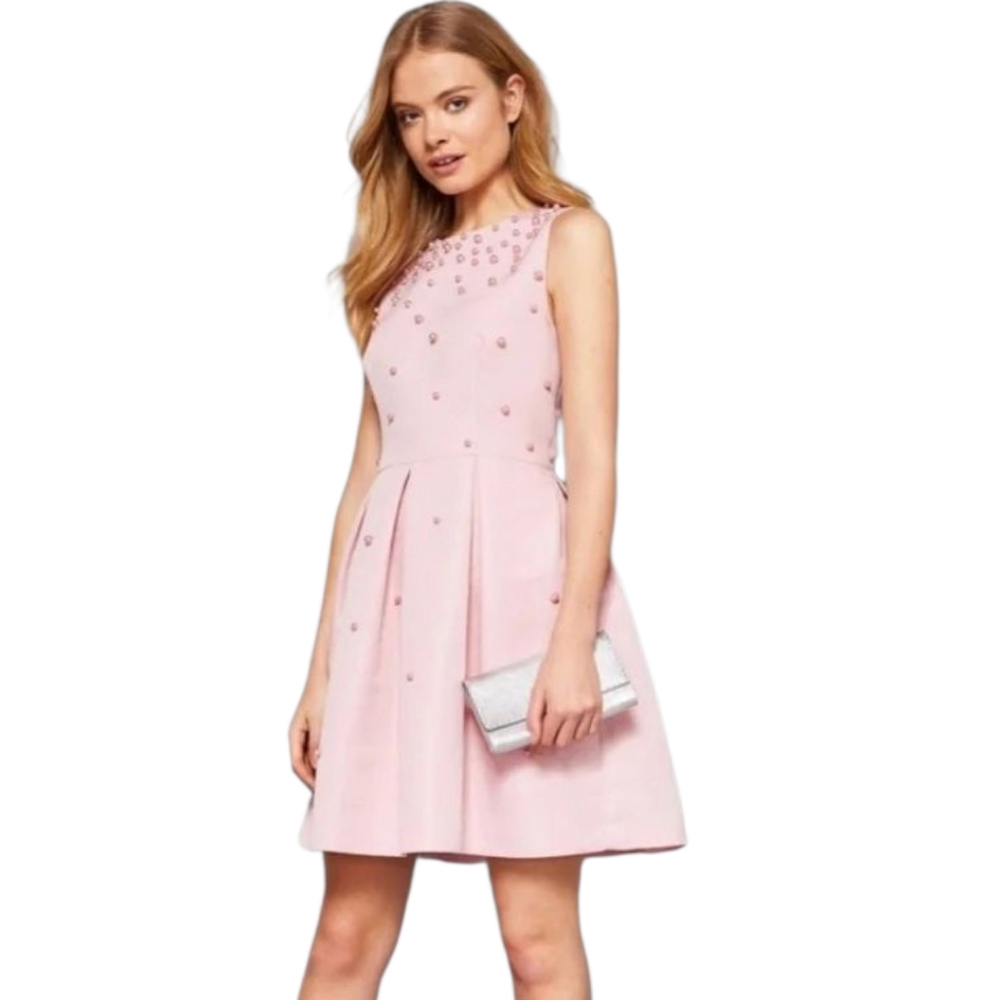 Ted Baker Pink Sleeveless Pearl Embellished Party Dress w Pockets